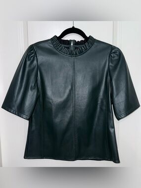 Ann Taylor Faux Leather Ruffle Neck Top
